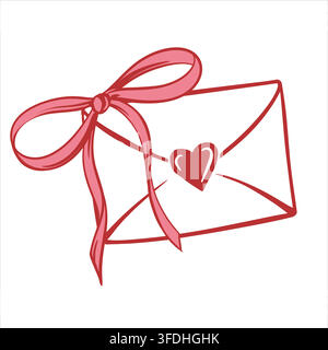 Una lettera d'amore decorata con un fiocco. Una busta sigillata con un messaggio d'amore. Un saluto e una dichiarazione d'amore per San Valentino. Un'illustrazione a tratto civettuola. Clip art vettoriale. Schizzo coquette. Illustrazione Vettoriale