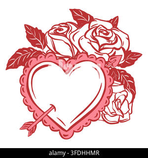 Composizione vettoriale con un cuore e rose bianche. Un cuore trafitto dalla freccia di Cupido. Il disegno imita uno schizzo rapido all'inchiostro. Clipart per San Valentino. Stile coquette. Un simbolo di amore e passione. Illustrazione Vettoriale