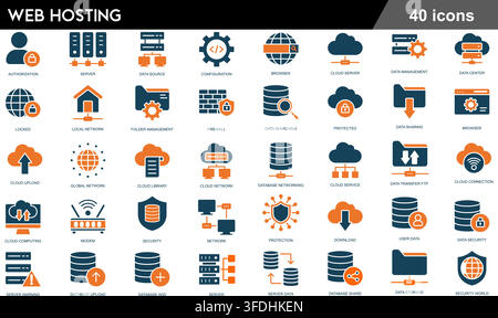 Set di illustrazioni vettoriali con 40 icone di hosting web che includono server cloud, archiviazione di database, sicurezza di rete, data center e trasferimento FTP. Illustrazione Vettoriale
