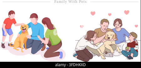 Set di illustrazioni vettoriali di una famiglia con animali domestici che mostra genitori, figlio e figlia che si abbracciano, accarezzano e giocano con un cane Golden retriever a casa. Illustrazione Vettoriale