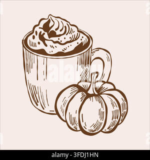 Latte pumpkin spice. Illustrazione di contorno di bevanda stagionale autunnale con zucca. Schizzo retrò lineare in marrone. Clipart vettoriale Illustrazione Vettoriale