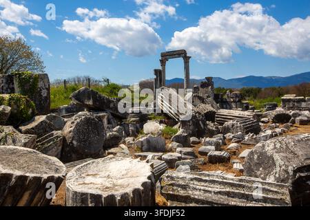Vista panoramica dell'antico tempio di Afrodite con colonne in piedi ad Afrodisia Foto Stock