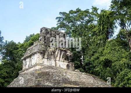Vista delle antiche rovine Maya di Palenque con architettura in pietra e una rigogliosa giungla circostante a Palenque, Chiapas, Messico. Foto Stock