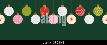 Bordura di ornamenti natalizi in design piatto moderno con texture di palline da golf per la decorazione della stagione delle feste e biglietti di auguri allegri.. Illustrazione Vettoriale