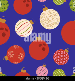 Modello senza fine con ornamenti natalizi giocosi con design a palla da bowling su uno sfondo blu vivace per la stagione festiva delle feste.. Illustrazione Vettoriale