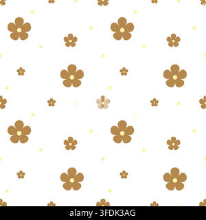 Motivo floreale senza cuciture caldo con fiori marroni a cinque petali e punti gialli crema su bianco. Un motivo ripetitivo retrò accogliente per tessuto, carta da parati, confezione Illustrazione Vettoriale