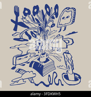 Collezione artistica giocosa in linee blu con tazze di caffè, moka, libri, piante, stoviglie, personaggi astratti e oggetti di uso quotidiano in un ha espressivo Illustrazione Vettoriale