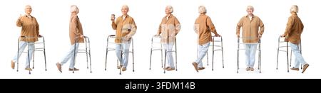 Invecchiamento sano e supporto alla mobilità, donna anziana che utilizza un deambulatore per la fisioterapia e la vita indipendente in varie pose isolate su sfondo bianco Foto Stock