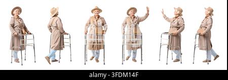 Invecchiamento sano e supporto alla mobilità, donna anziana con deambulatore e trench in varie pose per l'assistenza medica e lo stile di vita degli anziani Foto Stock