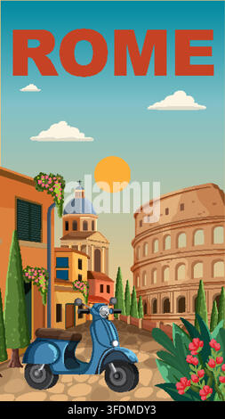 Illustrazione vettoriale piatta di uno scooter blu parcheggiato su una strada acciottolata a Roma Illustrazione Vettoriale