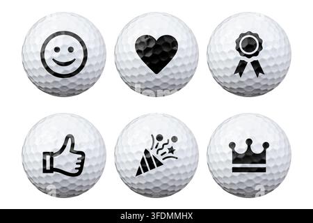 Set di palline da golf con icone nere stampate isolate su bianco Foto Stock