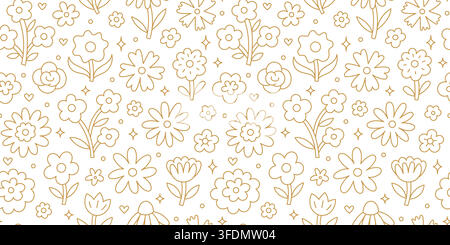 Modello senza cuciture con fiori a linea in stile folk artistico scandinavo naif su sfondo bianco. Ornamento floreale piatto disegnato a mano per tessuti per bambini Illustrazione Vettoriale