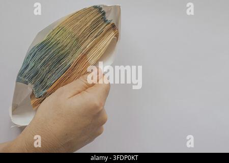 Mani femminili che tengono una spessa busta bianca piena di banconote da 20 e 50 euro. Concetto di alto volume di contanti su sfondo chiaro con copia estesa Foto Stock