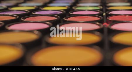 Macro close-up astratto di una tavolozza di trucco o pittura artistica colorata con poca profondità di campo. File di colori rosa acceso, viola, arancione e verde Foto Stock
