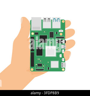 Mano che tiene una scheda circuito stampato verde generica per computer monoboard (SBC), illustrazione vettoriale piatta Illustrazione Vettoriale