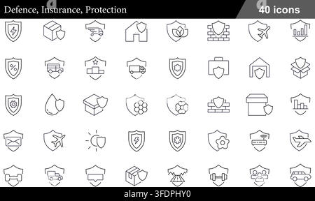 Set di illustrazioni vettoriali di 40 icone di protezione assicurativa difensiva con scudo, assicurazione sulla casa, sicurezza dei pacchi, copertura del volo e sicurezza dei dati. Illustrazione Vettoriale