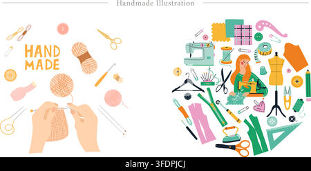 Set di illustrazioni vettoriali di arti e mestieri fatti a mano con mani che lavorano a maglia con il filo, macchina da cucire, manichino sarto, campioni di stoffa e strumenti artigianali. Illustrazione Vettoriale