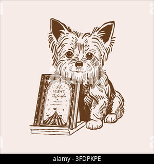 Cane Yorkie e libro. Schizzo vettoriale sul tema della lettura e degli animali domestici carini. Illustrazione vintage nei toni del beige e del marrone. Illustrazione Vettoriale