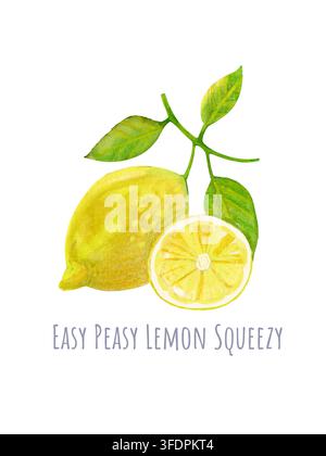 Illustrazione ad acquerello di limone intero fresco e fetta con foglie verdi. Ramo di agrume disegnato a mano con frase scritta a mano easy peasy lemon Foto Stock