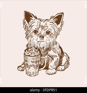 Cane Yorkie con caffè. Schizzo vettoriale a tema caffè, autunno, animali domestici carini. Illustrazione vintage nei toni del beige e del marrone Illustrazione Vettoriale
