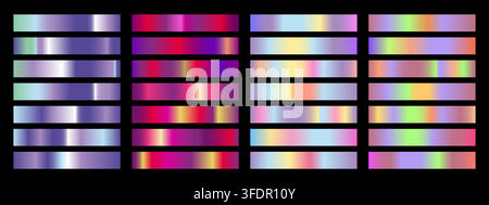 Texture olografiche con campioni arcobaleno iridescenti. Sfondi metallici lucidi con accenti di bronzo, platino, rame. Effetti cromo vivaci Illustrazione Vettoriale