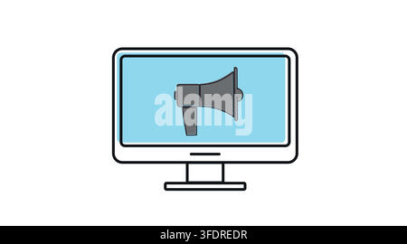 Monitor di computer desktop con simbolo di altoparlante megafono sullo schermo icona vettoriale. Arte lineare nera con stile di riempimento offset colore su sfondo bianco. Illustrazione Vettoriale