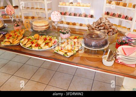 Un buffet di dessert e pasticcini salati splendidamente disposti con vari pasticcini cotti al forno, torte, dolci ricoperti di cocco, cupcake, marshmallow e d Foto Stock