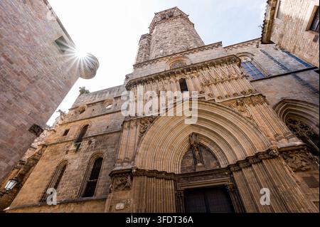 Vista ad angolo basso della facciata laterale della Cattedrale di Barcellona con il sole che splende Foto Stock