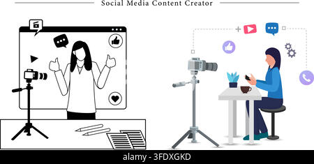 Set di illustrazioni vettoriali di banner per creatori di contenuti sui social media con blogger video, fotocamera su treppiede, registrazione in live stream e set vlog di influencer Illustrazione Vettoriale