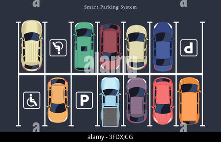 Illustrazione vettoriale di un sistema di parcheggio intelligente vista dall'alto con vista aerea del parcheggio, auto colorate, furgone, posto per disabili e cartello di parcheggio Illustrazione Vettoriale