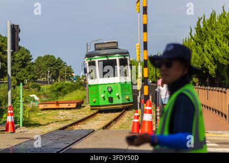 Un veicolo ferroviario verde si avvicina a un passaggio a livello fiancheggiato da coni con segnali, pedoni e alberi sotto un cielo blu. Foto Stock