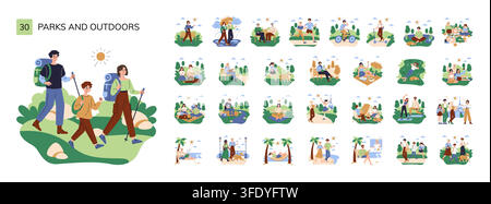 Set di illustrazioni vettoriali di parchi e attività all'aperto con escursionisti che camminano con zaini, scene di picnic, ciclismo, lettura, yoga, passeggiate con il cane, spiaggia, attività ricreative e di svago Illustrazione Vettoriale