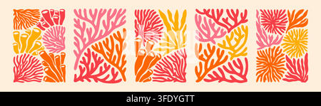 Doodle boho corallo disegnato a mano, set di motivi di alghe. Sfondo astratto funky liquido a forma irregolare organica estiva. Caraibico, hawaiano, mediterraneo Illustrazione Vettoriale