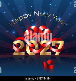 Buon anno nuovo 2027, 27. Brillante dorato 2027 con nastro rosso, fiocco su sfondo blu. Biglietto di auguri per le feste. Design di Capodanno per invito, calendario Illustrazione Vettoriale