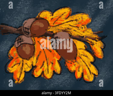 Ramo di quercia autunnale e accogliente, ghiande, foglie gialle, illustrazione artistica a pastello grasso disegnata a mano su sfondo scuro. Ramo di quercia, tre ghiande marroni, foglie autunnali giallo brillante Illustrazione Vettoriale