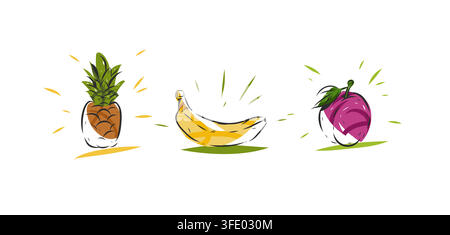 Set di illustrazioni di frutta tropicale con ananas, banana e mela, elementi di design vettoriale colorati disegnati a mano per cibi freschi e salutari. Illustrazione Vettoriale