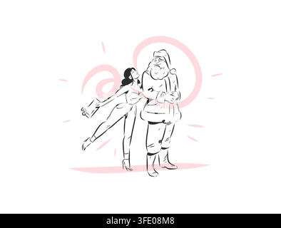 Babbo Natale con donna che tiene un regalo di Natale, Celebrazione delle feste, Vendita di Natale e promozione di acquisti, Vettore di arte lineare festiva disegnato a mano Illustrazione Vettoriale