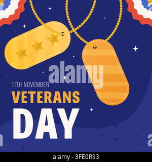 Banner per i social media della Giornata dei Veterani con targhette di cane militare Illustrazione Vettoriale