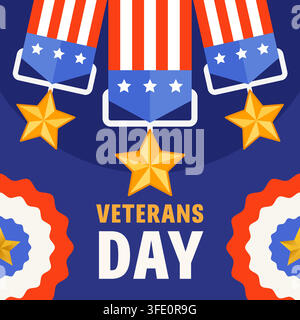 Banner per post sui social media di Veterans Day Square con medaglie Illustrazione Vettoriale