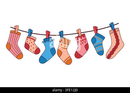 Calzini colorati e diversi fatti a mano a maglia sono appesi a una corda fissata con una molletta. Calzini e ginocchietti accoglienti in lana e cotone sono asciugati su una corda da bucato Illustrazione Vettoriale