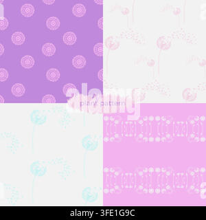 Collezione di quattro delicati motivi senza cuciture con tarassaco e ornamenti floreali circolari in colori rosa pastello, viola e verde acqua. Bo versatile Illustrazione Vettoriale