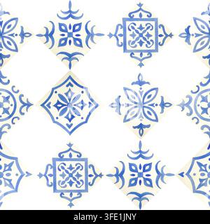 Motivi di piastrelle azulejo blu su sfondo crema, motivo senza cuciture. Illustrazione acquerellata disegnata a mano, isolata. Perfetto per imballaggi, tessuti Foto Stock