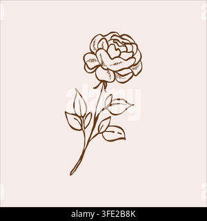 Semplice schizzo di contorno di una rosa, arte lineare, fiore minimalista astratto. Illustrazione vettoriale isolata di doodle Illustrazione Vettoriale