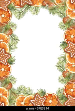 Illustrazione di una cornice natalizia con fette di arancia essiccate, rami di pino e biscotti di zenzero Foto Stock