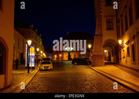 Edifici storici e strada acciottolata illuminata nel quartiere di Hradčany vicino al Castello di Praga di notte. Foto Stock