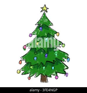 Schizzo a colori di un albero di Natale decorato (ornamenti e una stella) Foto Stock