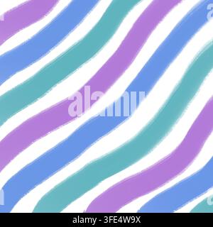 Strisce ondulate disegnate a mano in pastello morbido viola, blu e verde acqua che corrono diagonalmente su uno sfondo bianco pulito — ottimo per carta da parati, stampa su tessuto. Foto Stock