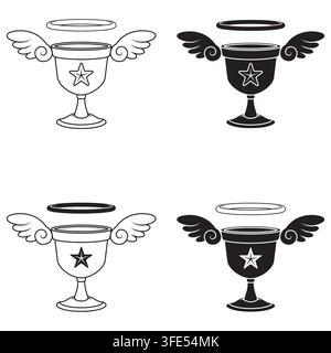 Grafica in bianco e nero con linee e contorni di un calice magico alato da fiaba, design lineare pulito per pagine da colorare o icone magiche. Illustrazione Vettoriale