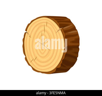 Fetta trasversale di tronco di legno con anelli degli alberi visibili, texture naturale della corteccia e piccole crepe. Pannello di legno cartone animato per icone dell'industria del legname, lavori di falegnameria Illustrazione Vettoriale