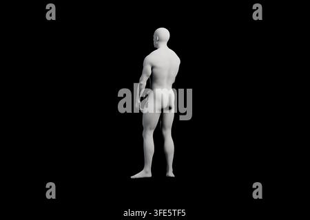 Una rappresentazione 3D pulita e dettagliata di una figura maschile in piedi con le braccia lungo i fianchi, vista di spalle su uno sfondo nero da studio. Foto Stock
